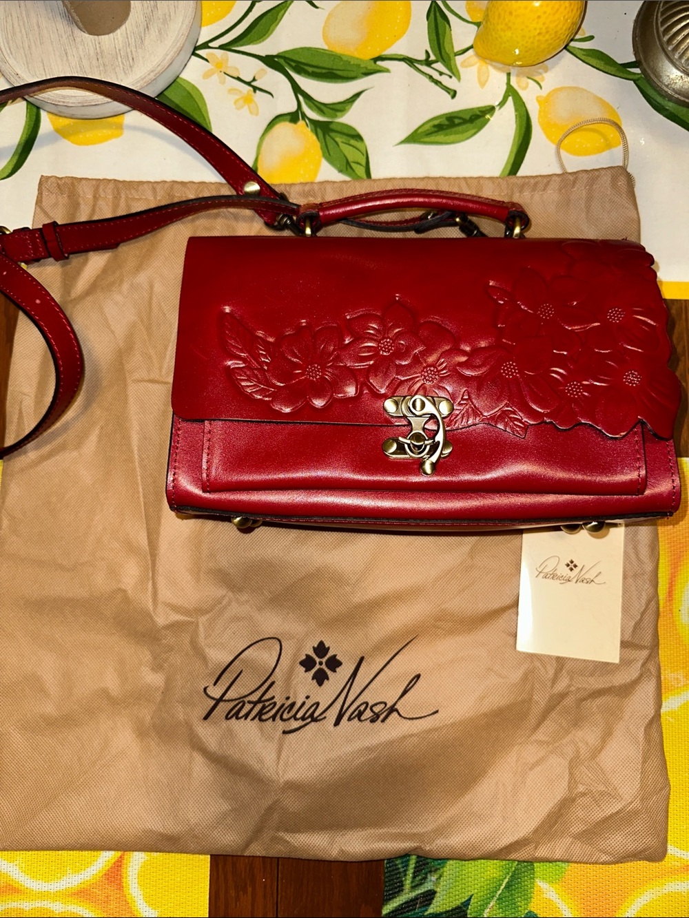 Patricia Nash Crimson Floral Embossed Leather Crossbody